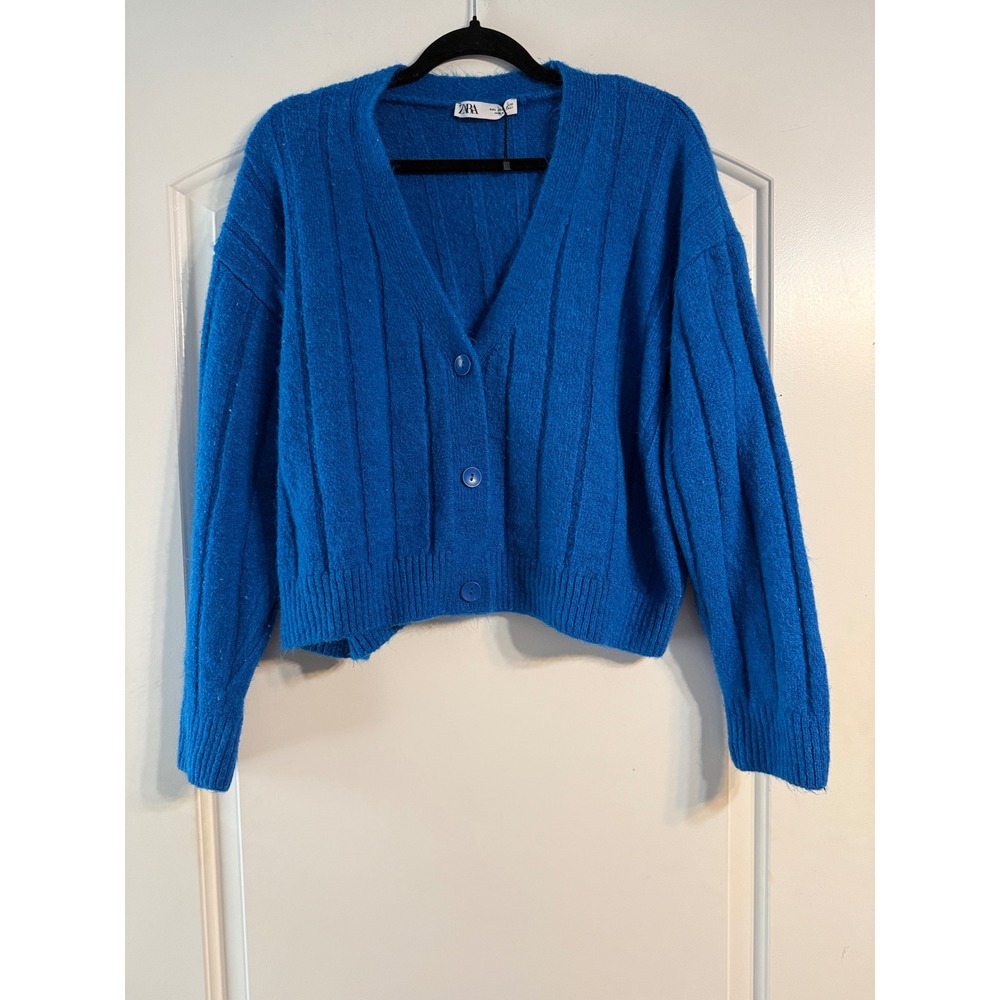 Zara Cardigan L Blue Ribbed Knit Cropped V-Neck Fuzzy Sweater Electric Cozy